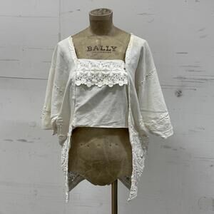 Antique Edwardian Cotton Lace Blouse White Work Lingerie Top 1900s Vtg